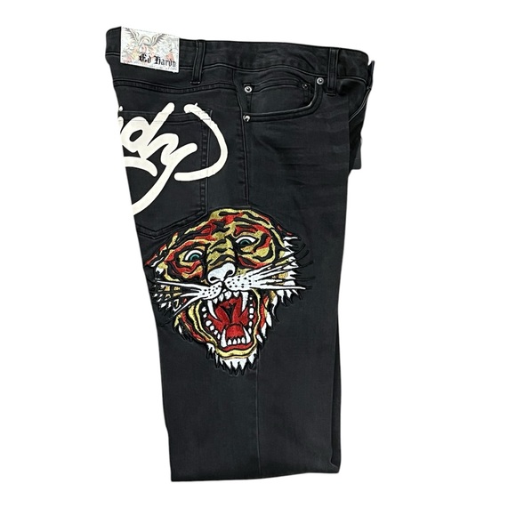 Y2K Ed Hardy Women's Biker Chic Black Denim Tiger head Slim Flare Jean Size: 30 - Picture 6 of 12